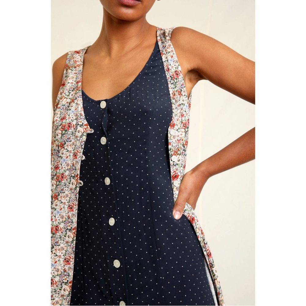 ROUJE Floral Navy Polka Dot Printed Layered Sleeveless Button Down Lorine Dress - Picture 9 of 14